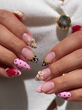 Handmade press on Pink & Red Floral Leopard Nail Art Set - Professional Women